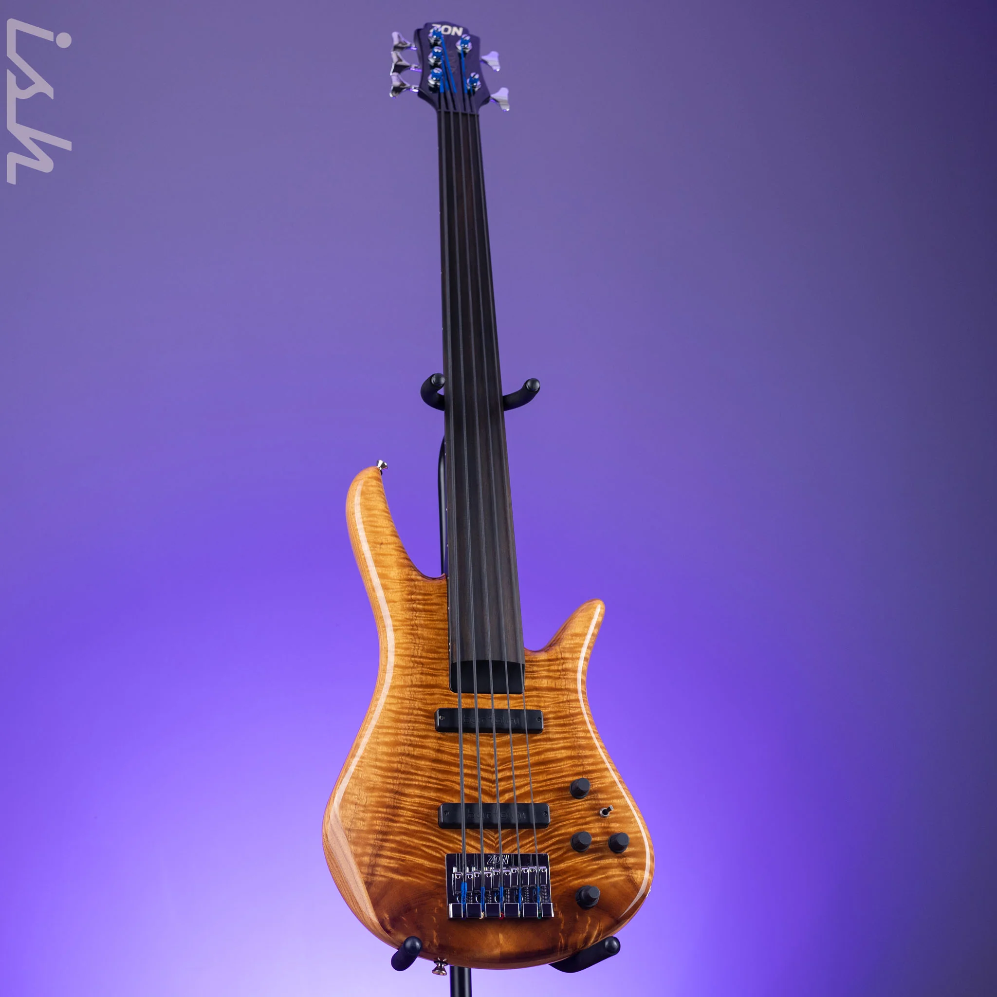2000 Zon Sonus Custom Fretless 5-String Bass Flame Myrtlewood - Image 2