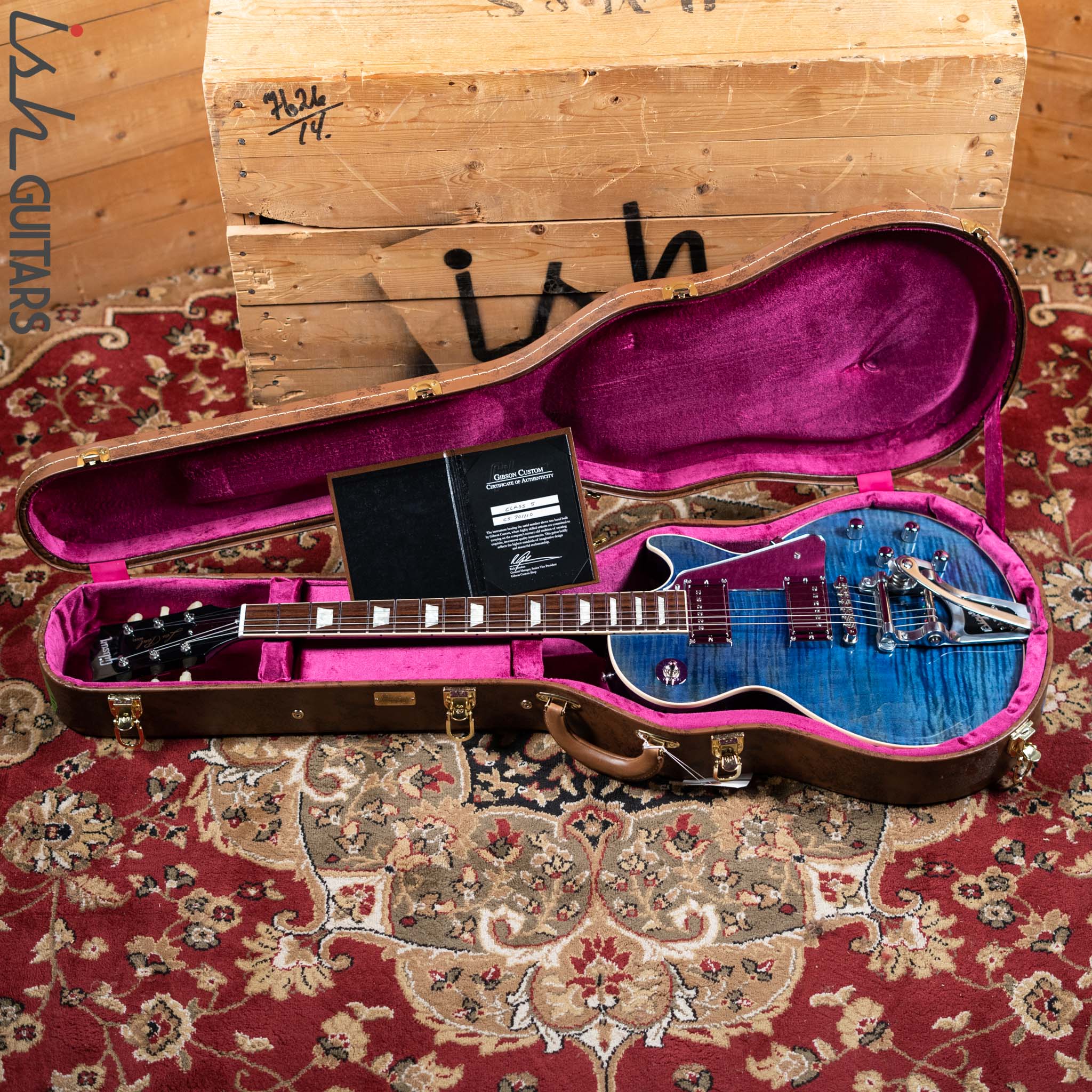 2017 Gibson Custom Shop USA Les Paul Bigsby (Class 5 COA) Faded Blue Flame - Image 16