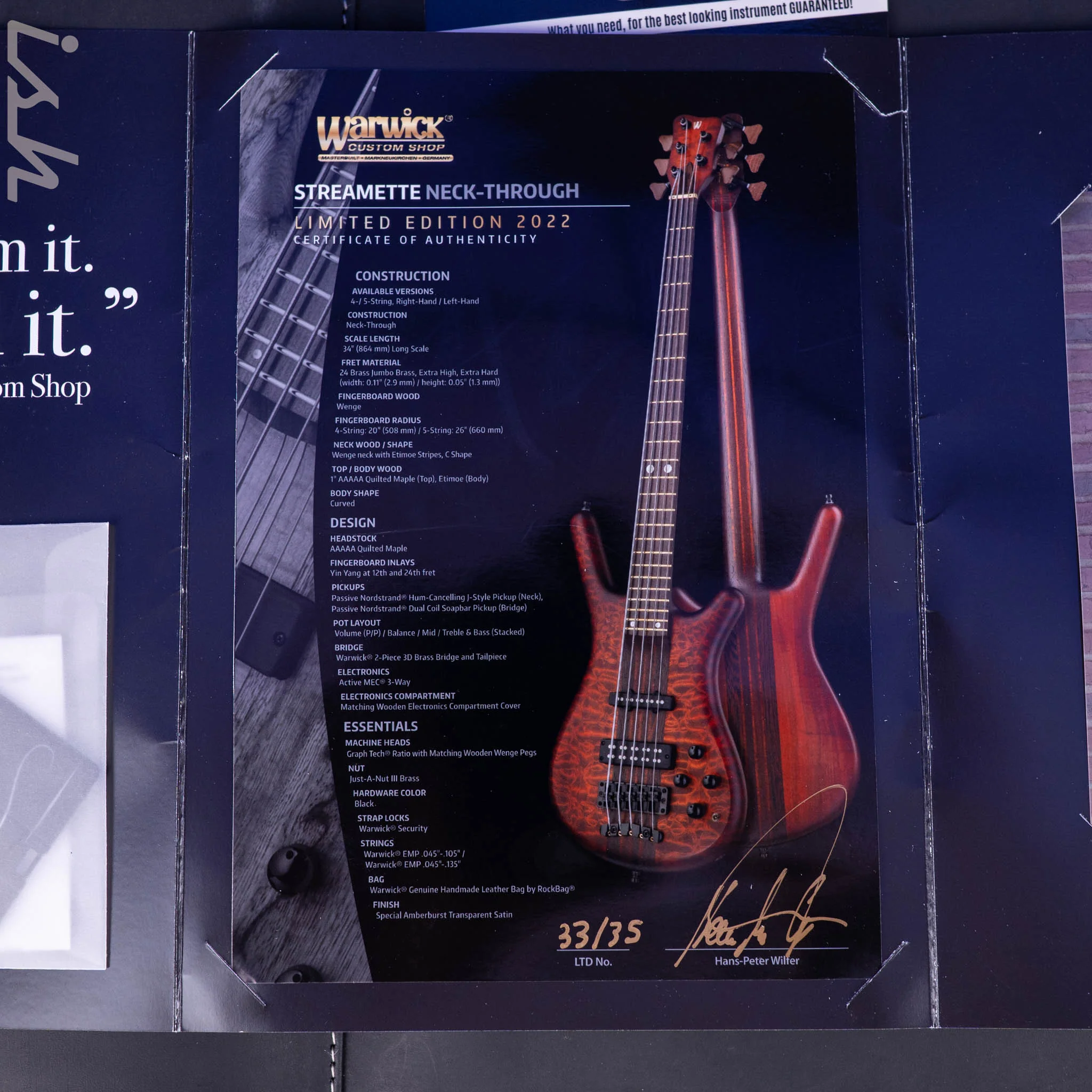 2022 Warwick Streamette 5 Masterbuilt 33/35 Special Amberburst Transparent Satin Finish - Image 18