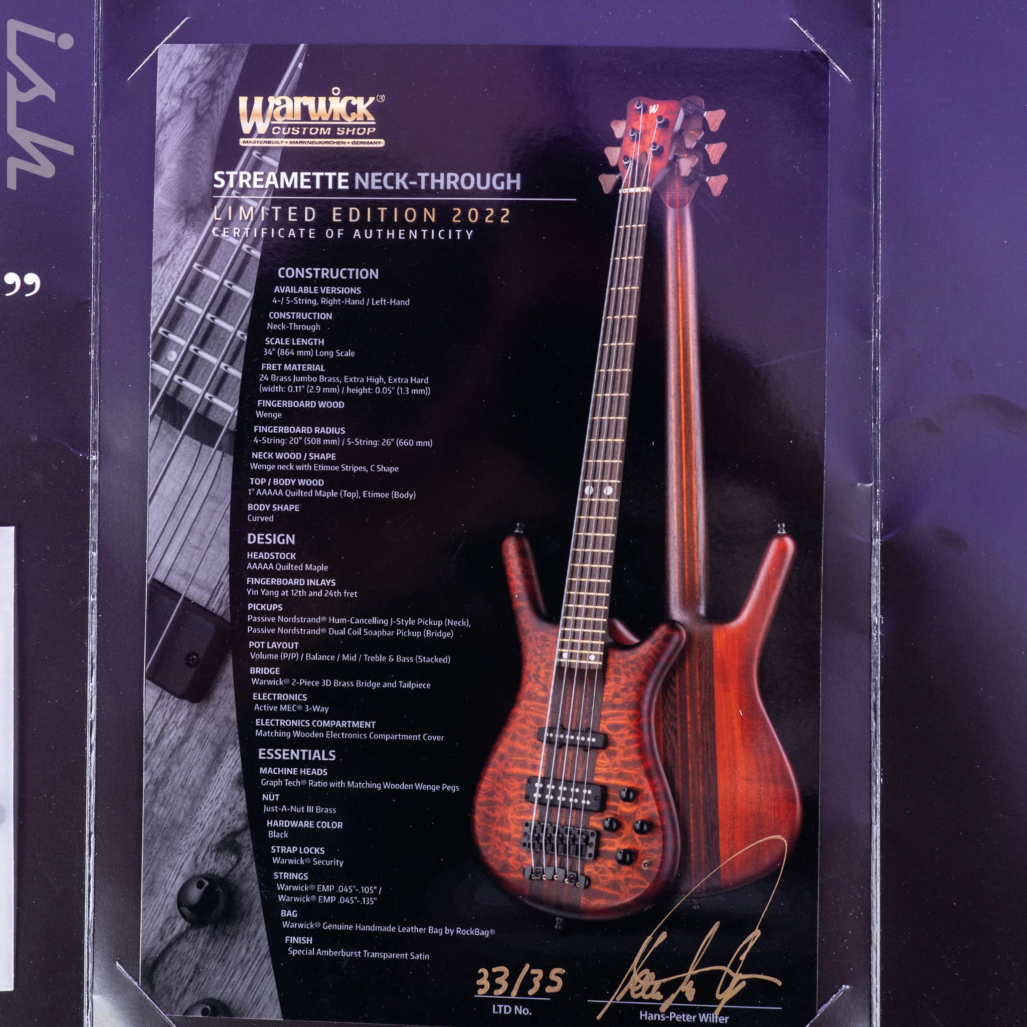 2022 Warwick Streamette 5 Masterbuilt 33/35 Special Amberburst Transparent Satin Finish - Image 14
