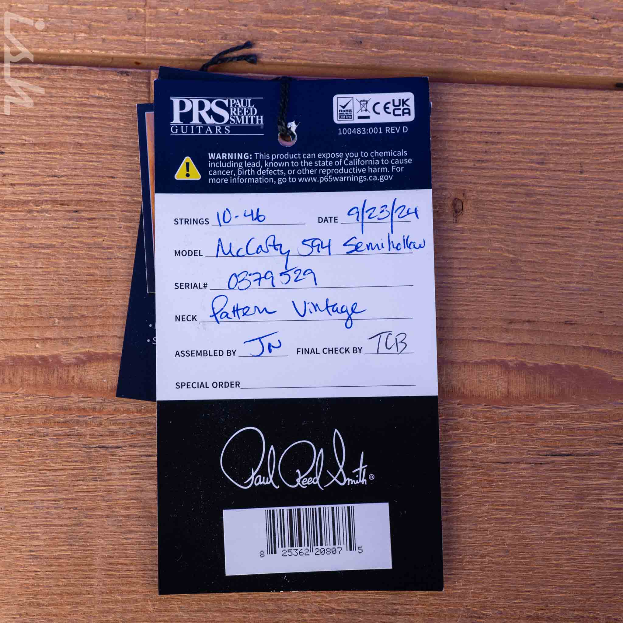 PRS McCarty 594 Semi-Hollow Wood Library Artist Top - Korina Neck - Brazilian Fretboard - Image 11