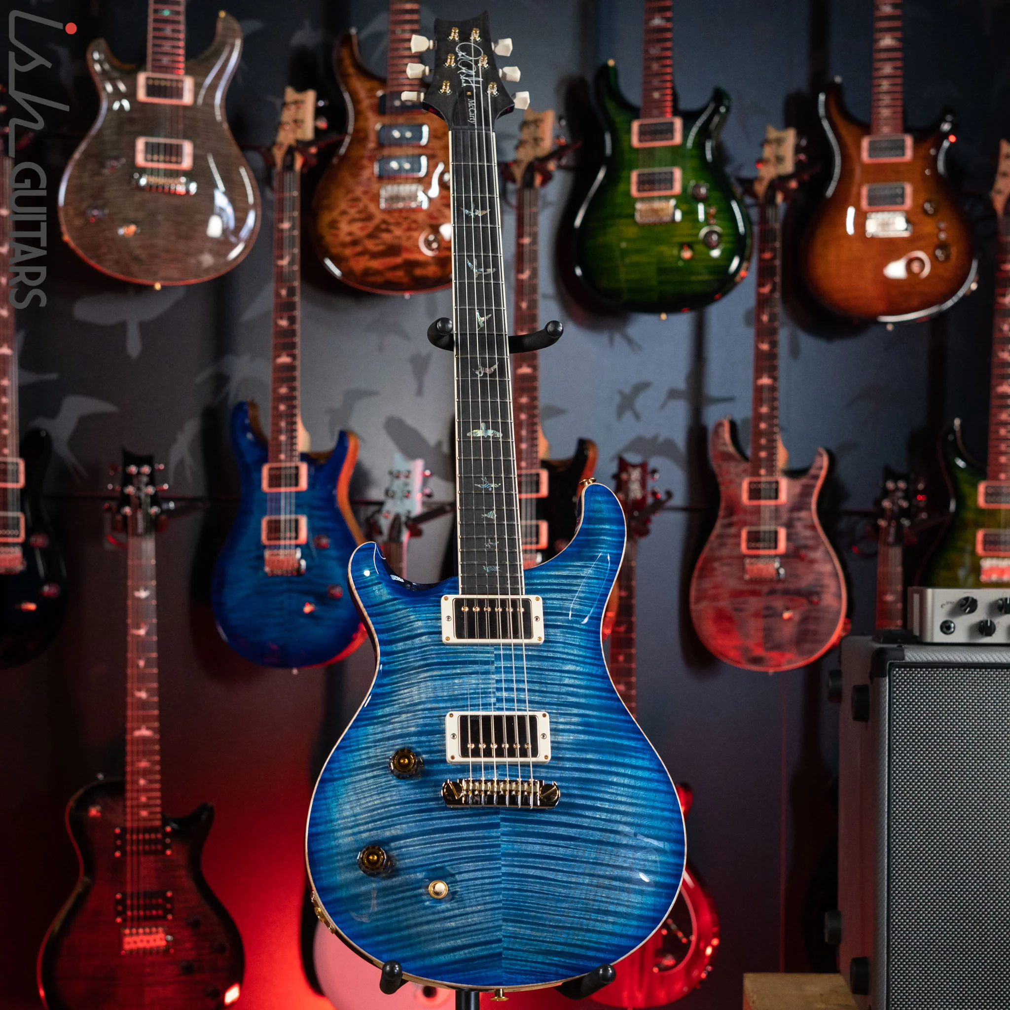 PRS McCarty Lefty Wood Library Faded Blue Jean w/ Blue Burst 10 Top Flame Maple - Image 2